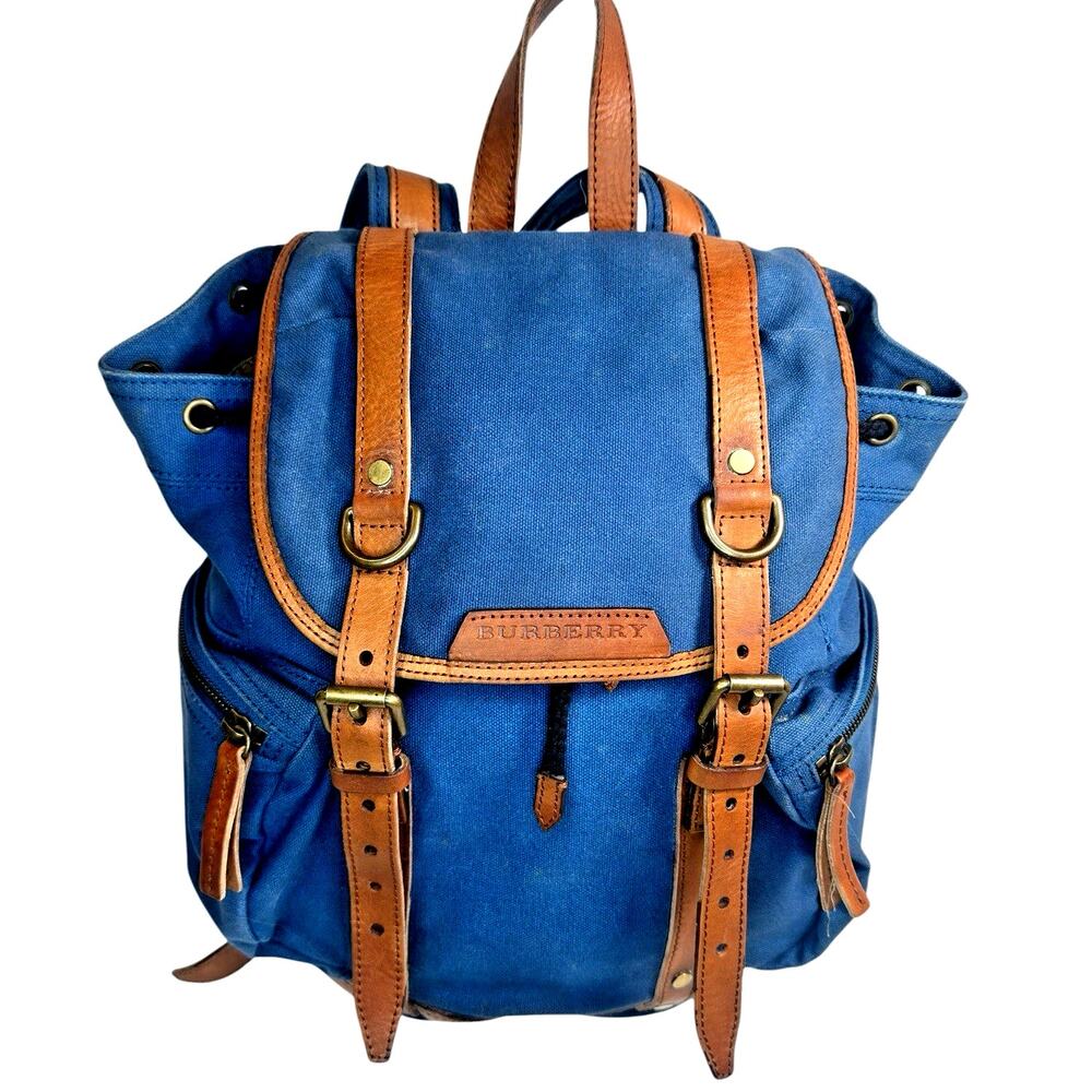Burberry Blue Cotton Canvas Backpack Rucksack ~ Brown Leather Trim~ Drawstring